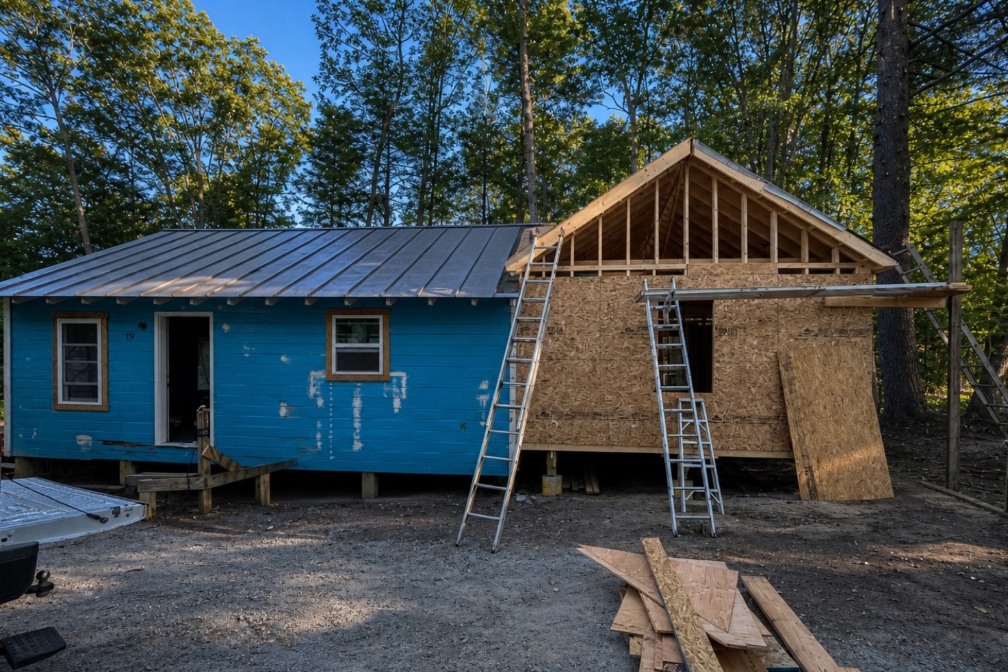 Canterbury cabin with blue siding and framed addition under construction
