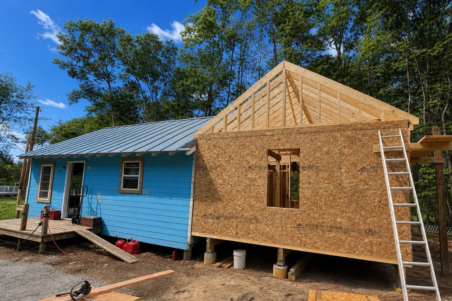 Wide view of cabin 19 with OSB addition sheathing, ladder, and pier foundation