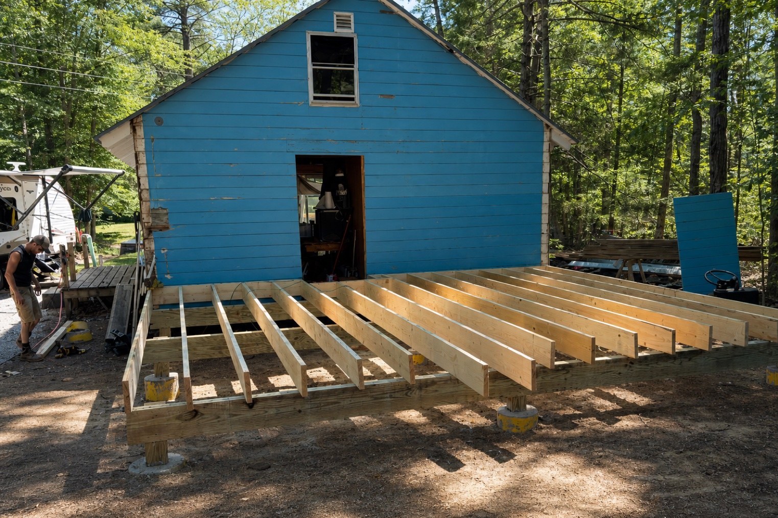 Jeff building the deck joist frame in front of the blue Canterbury cabin