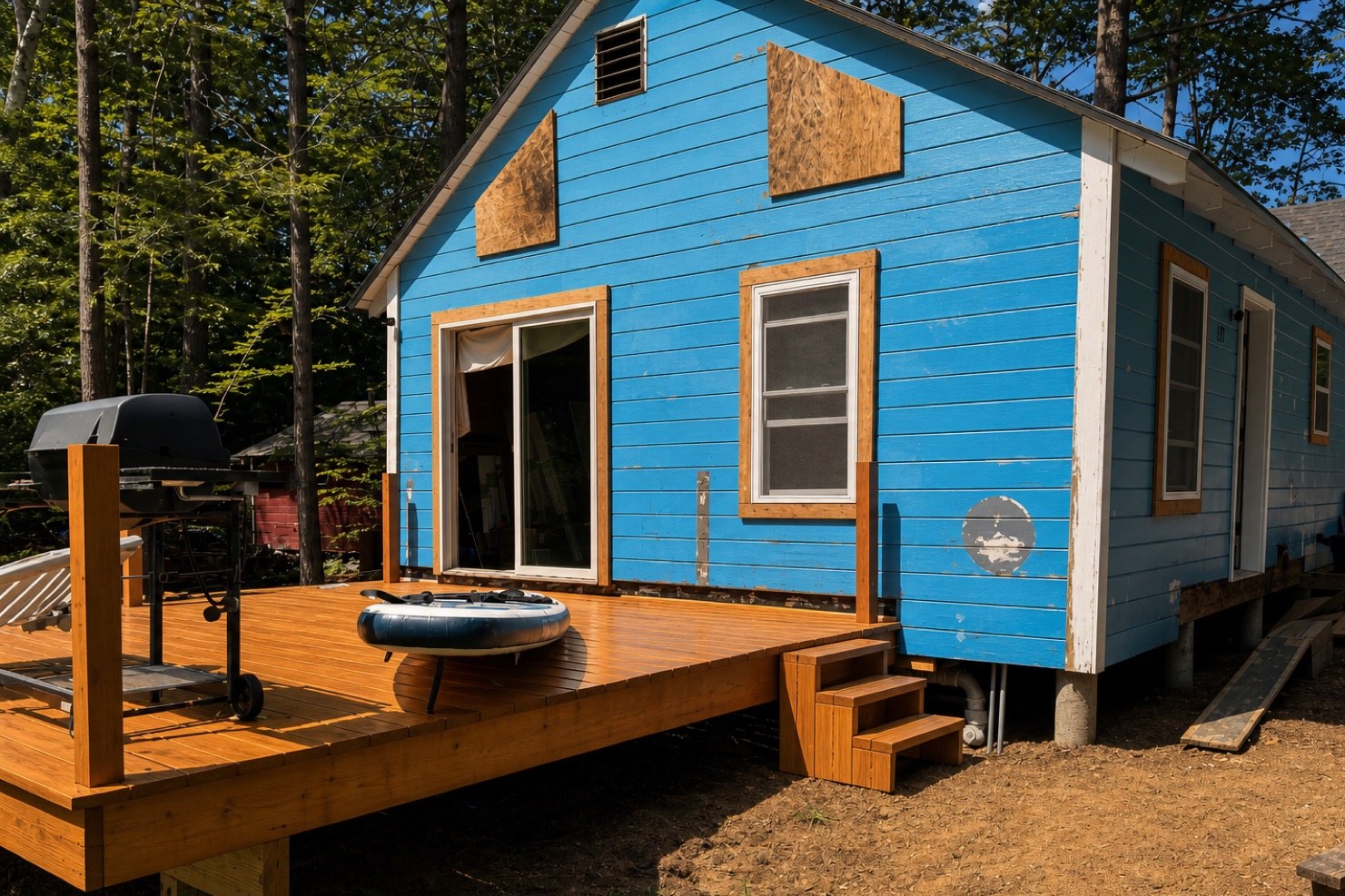 New stained wood deck on the blue Canterbury cabin with grill and paddleboard