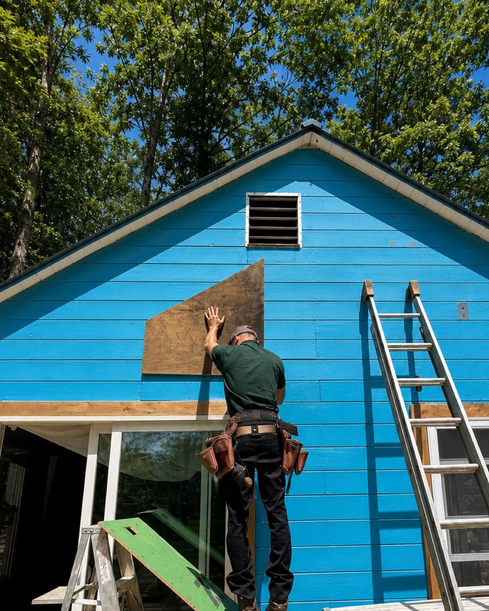Jeff on scaffolding working the blue cabin exterior with tool belt and ladders