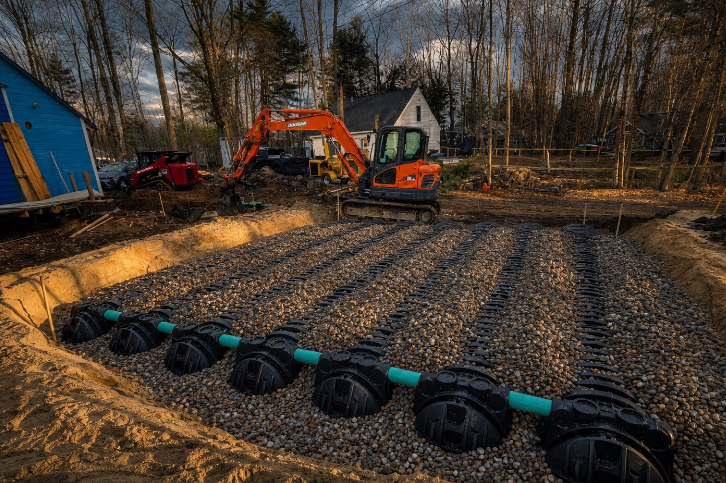 Septic leach field install at the Canterbury cabin — chambers, gravel bed, and excavator on site