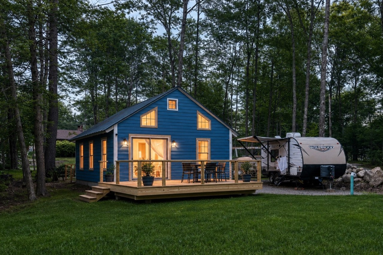 Canterbury cabin — finished exterior direction with sky-blue siding, wood deck, and wooded lot
